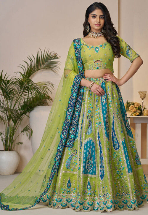 Embroidered Art Silk Lehenga in Light Green