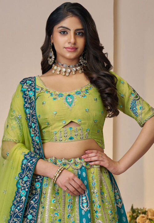 Embroidered Art Silk Lehenga in Light Green