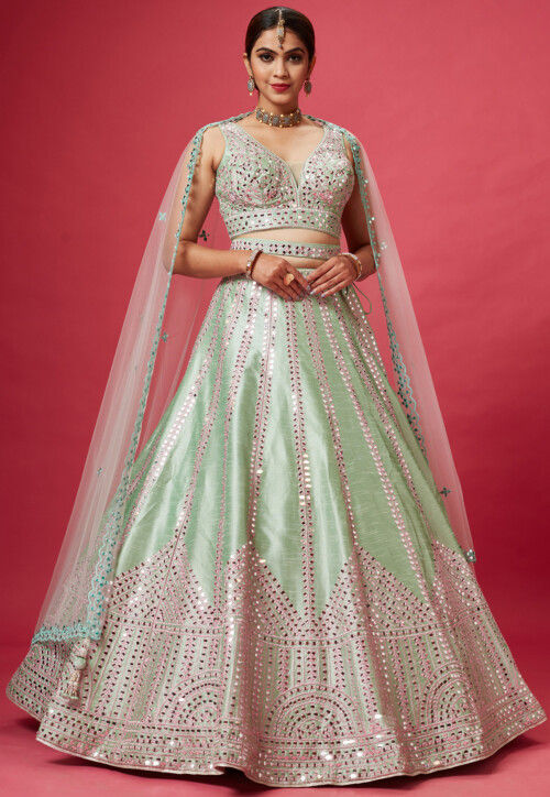 Photo of Light green Banarasi lehenga with red dupatta