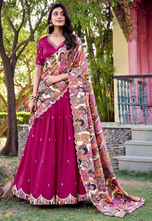 Embroidered Art Silk Lehenga in Magenta