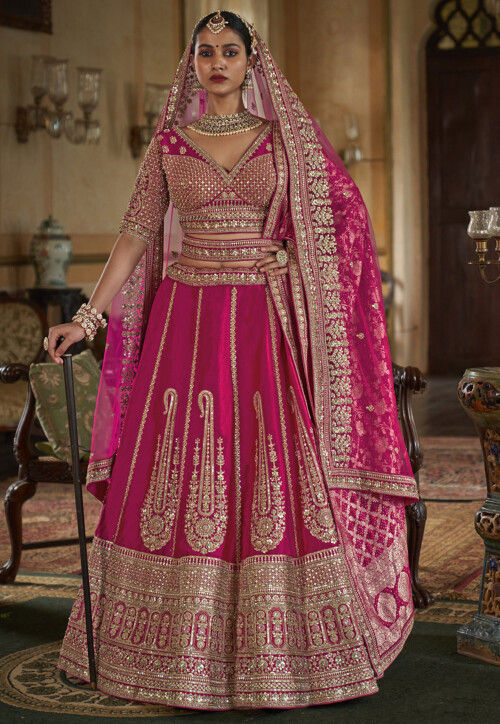 Embroidered Art Silk Lehenga in Magenta