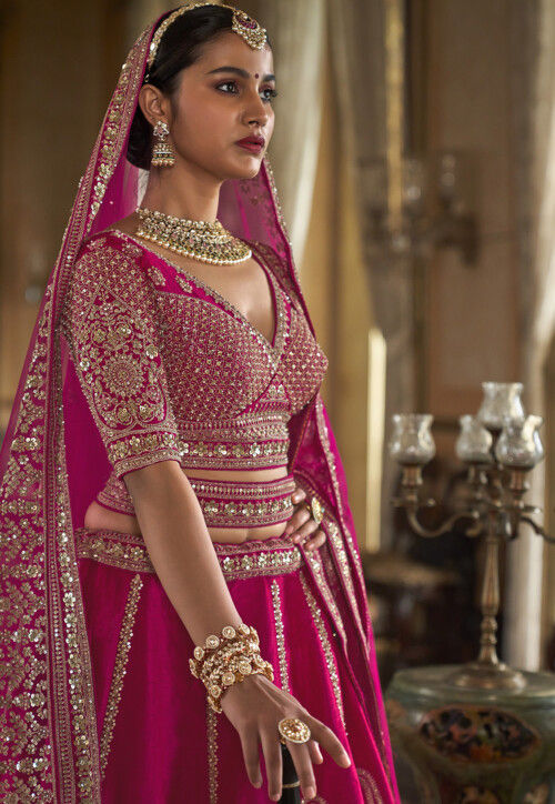 Embroidered Art Silk Lehenga in Magenta