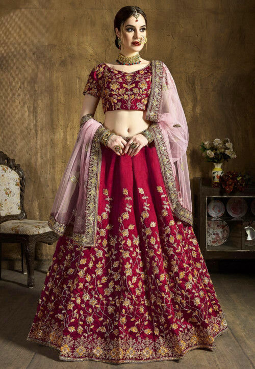 Magenta Pink Wedding Wear Woven-Embellished Banarasi Silk Lehenga Choli