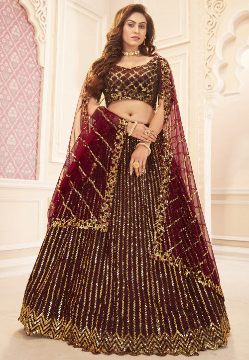 Buy Maroon Multi-Thread Work Velvet Bridal Lehenga Choli Online At Zeel  Clothing