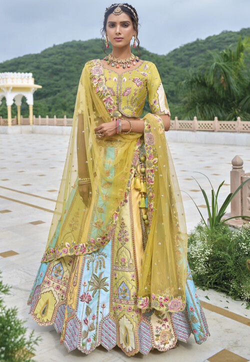 Embroidered Art Silk Lehenga in Multicolor