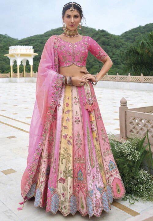 Embroidered Art Silk Lehenga in Multicolor