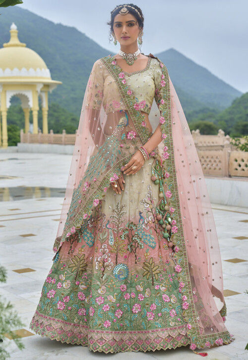 Embroidered Art Silk Lehenga in Multicolor