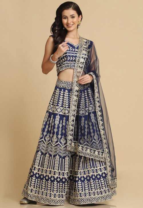 Embroidered Georgette Lehenga in Navy Blue