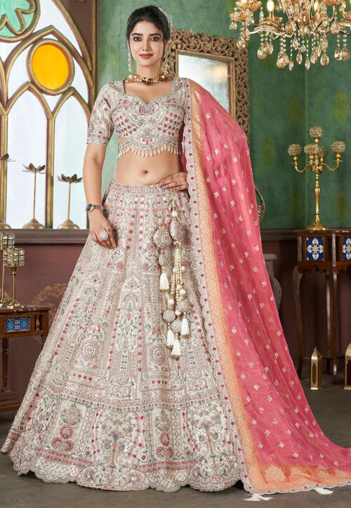 Embroidered Art Silk Lehenga in Off White