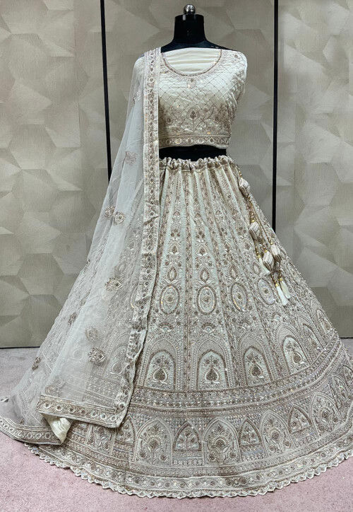 Embroidered Art Silk Lehenga in Off White