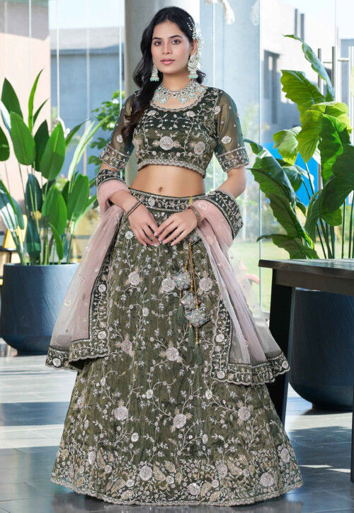 Embroidered Art Silk Lehenga in Olive Green