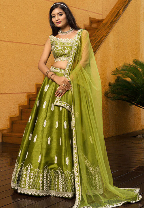 Embroidered Art Silk Lehenga in Olive Green