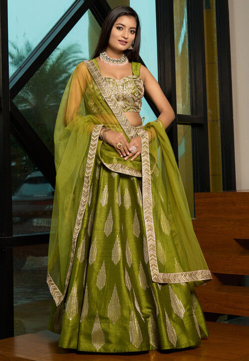 Embroidered Art Silk Lehenga in Olive Green