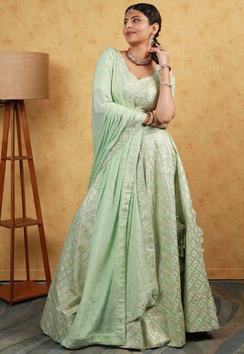 Embroidered Art Silk Lehenga in Pastel Green