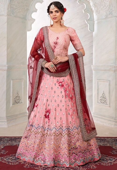 Georgette Fabric Peach Color Ruffle Style Lehenga & Choli in Resham,  Embroidered, Mirror Work with Dupatta