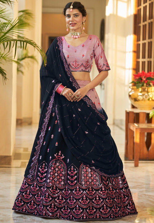 Magenta Pink Lehenga with Turquosie Blue Mirrorwork Blouse - Anisha Shetty  - East Boutique