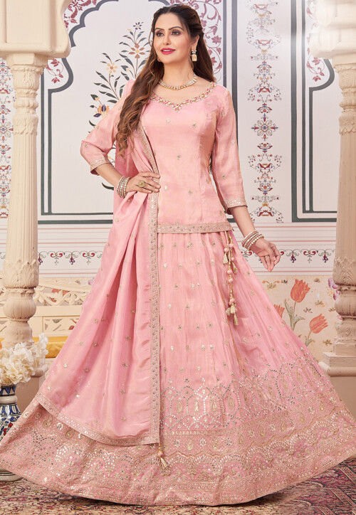 Embroidered Art Silk Lehenga in Pink