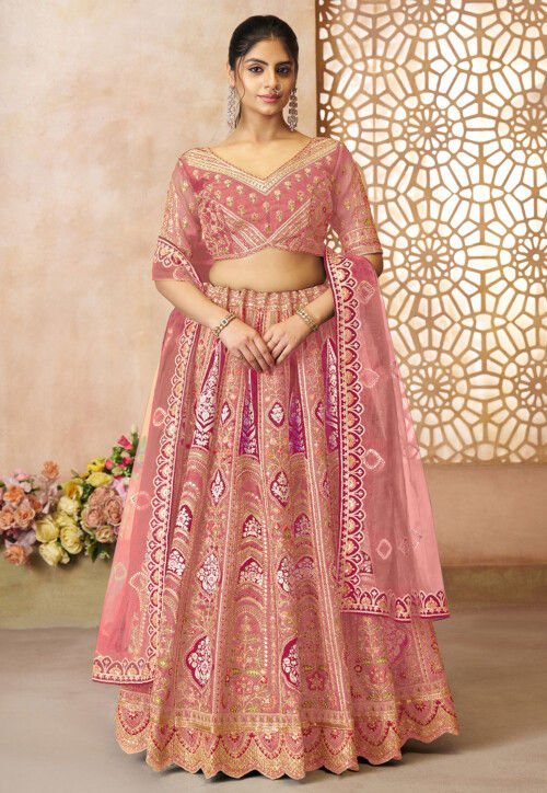 Embroidered Art Silk Lehenga in Pink