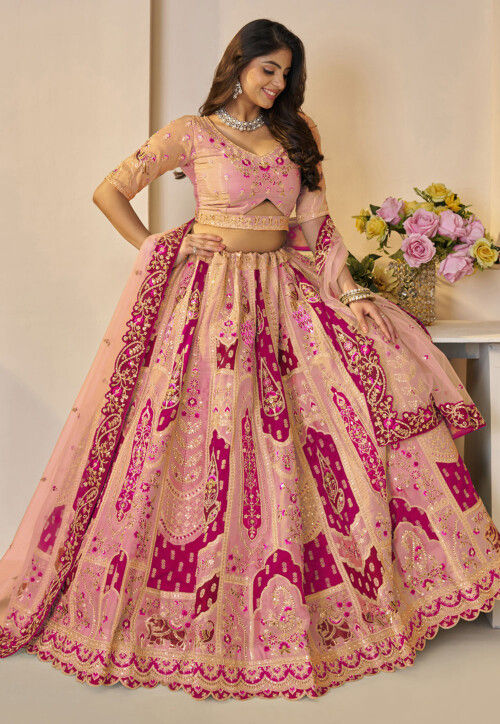 Embroidered Art Silk Lehenga in Pink