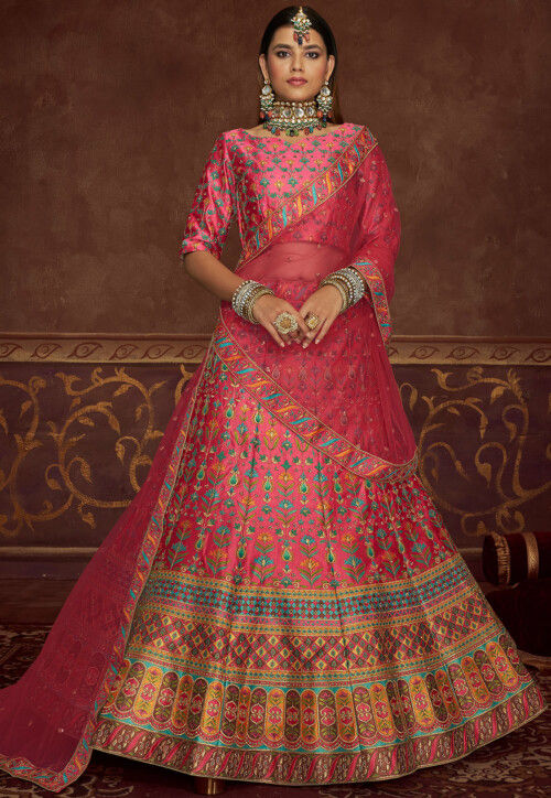 Embroidered Art Silk Lehenga in Pink