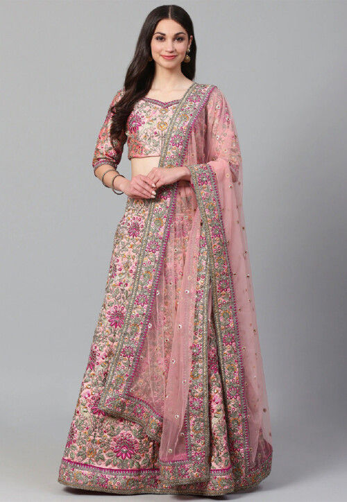 Embroidered Art Silk Lehenga in Pink