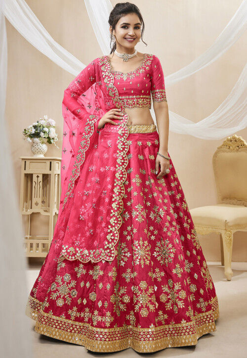 Embroidered Art Silk Lehenga in Pink