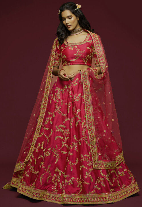 Embroidered Art Silk Lehenga in Pink