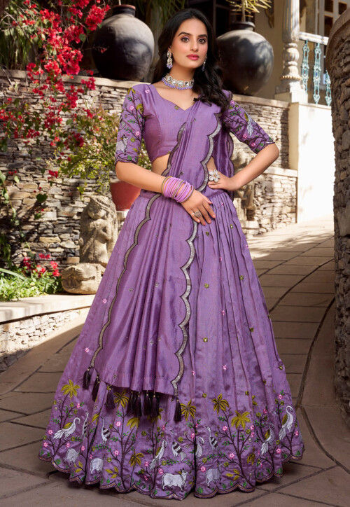 Embroidered Art Silk Lehenga in Purple