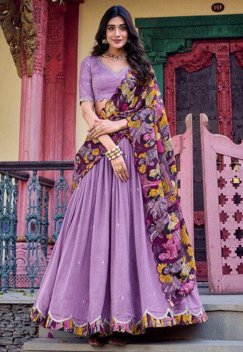 Embroidered Art Silk Lehenga in Purple