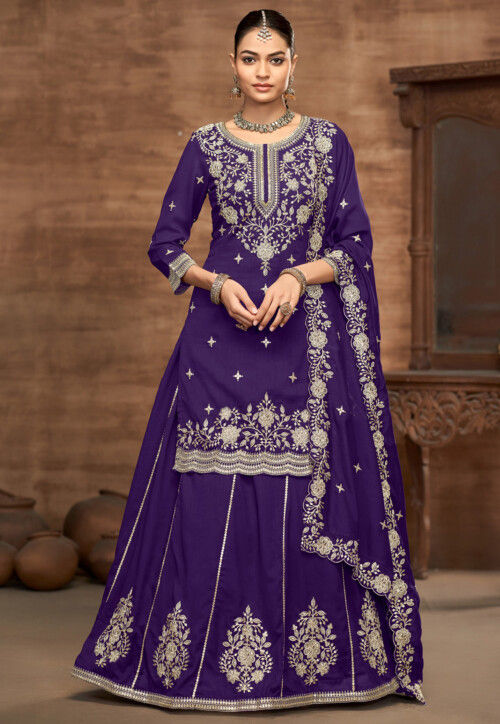 Embroidered Art Silk Lehenga in Purple