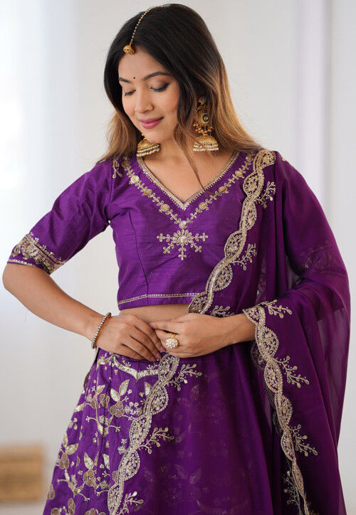 Embroidered Art Silk Lehenga in Purple