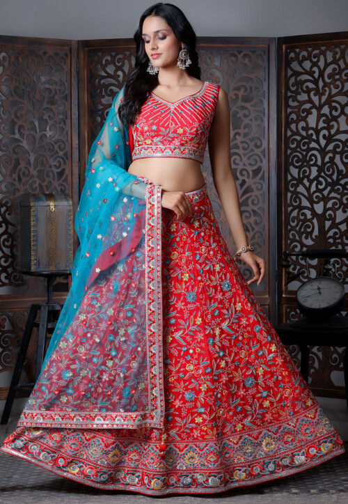 Embroidered Art Silk Lehenga in Red