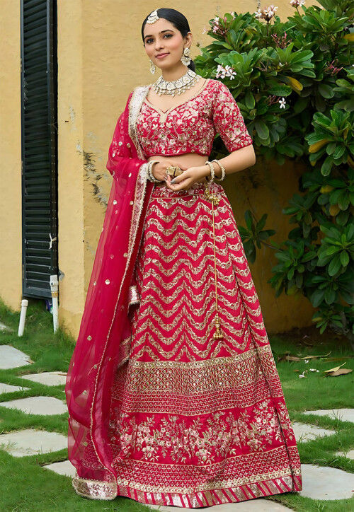 Embroidered Art Silk Lehenga in Red