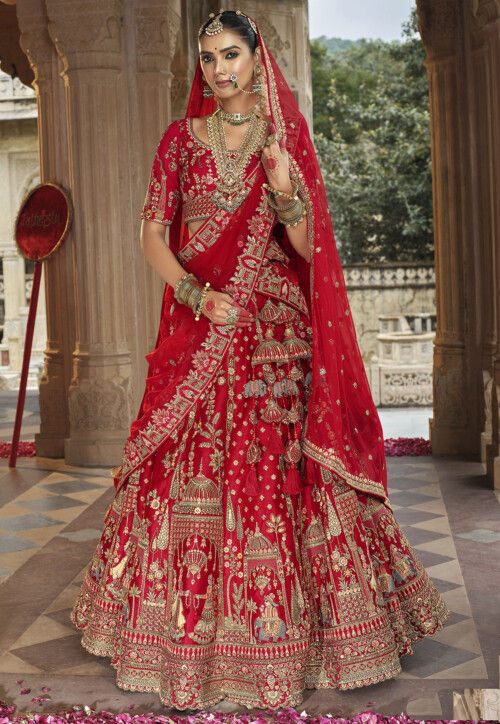 Embroidered Art Silk Lehenga in Red