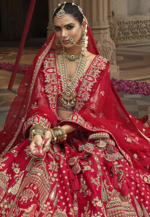 Embroidered Art Silk Lehenga in Red