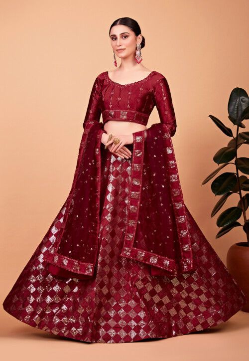 Embroidered Art Silk Lehenga in Maroon