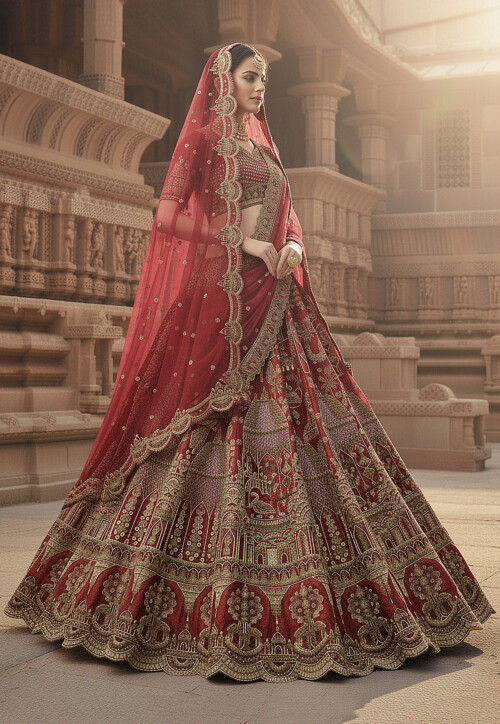 Embroidered Art Silk Lehenga in Red
