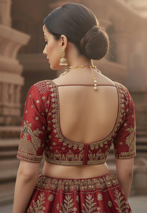 Embroidered Art Silk Lehenga in Red