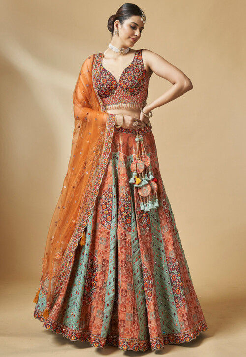 Green and Orange Embroidered Bridal Lehenga Choli buy online - Lehenga Choli