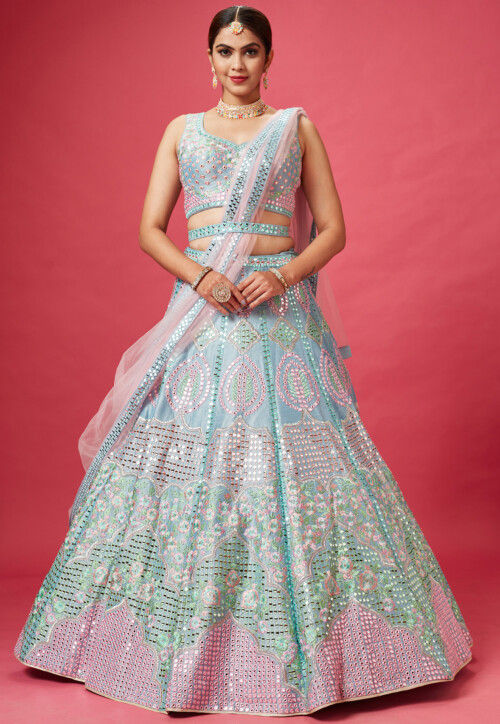 Light pink lehenga with pop of blue | Bridal lehenga collection, Indian  bridal, Indian bridal fashion