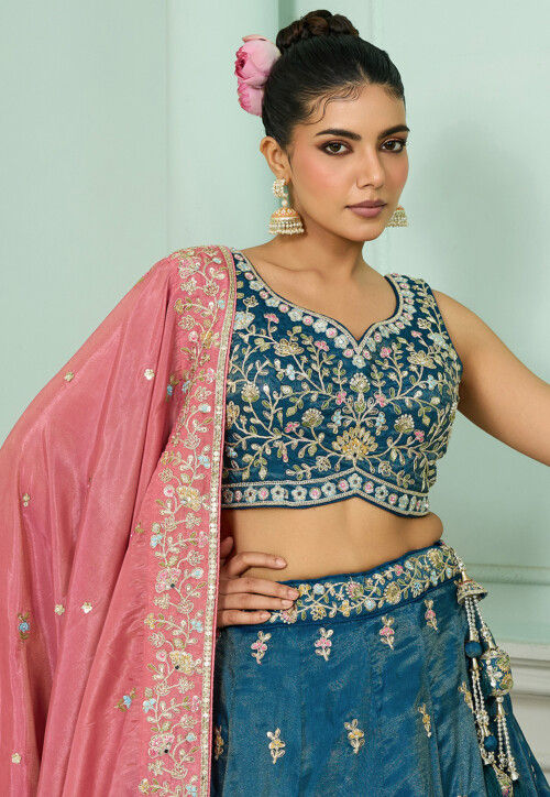 Embroidered Art Silk Lehenga in Teal Blue