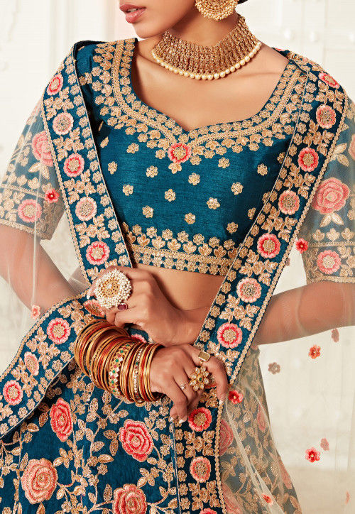 Embroidered Art Silk Lehenga in Teal Blue