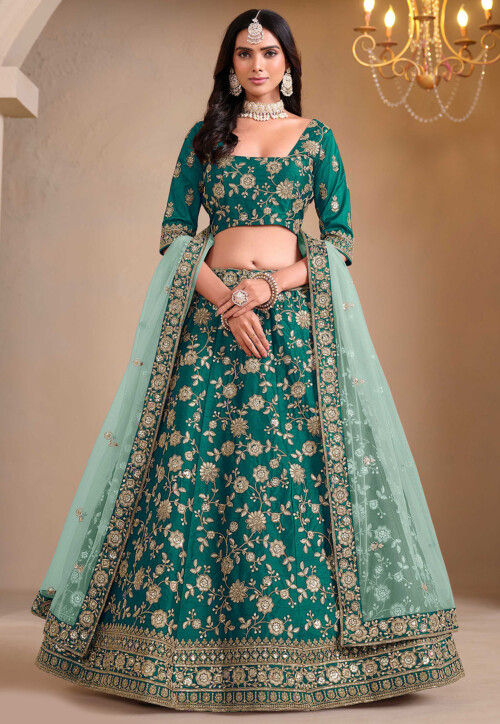 Embroidered Art Silk Lehenga in Teal Green