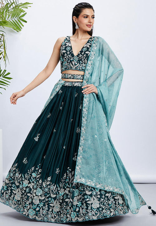 Embroidered Art Silk Lehenga in Teal Green