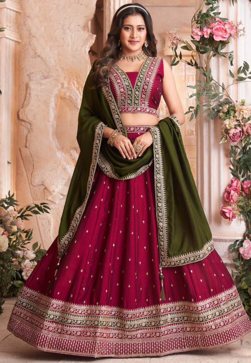 Embroidered Art Silk Lehenga in Wine