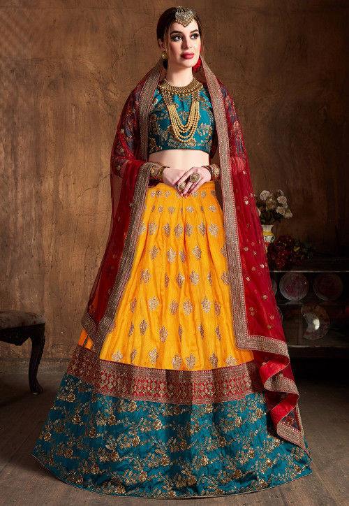Embroidered Art Silk Lehenga in Yellow and Teal Blue