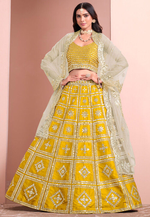Embroidered Art Silk Lehenga in Yellow
