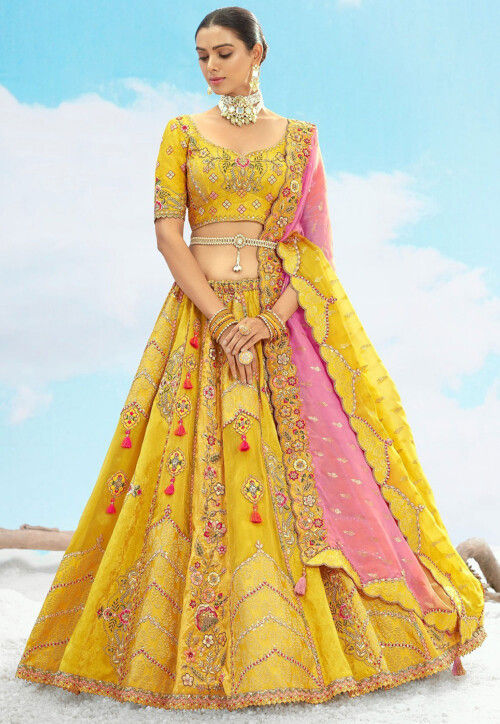 Embroidered Art Silk Jacquard Lehenga in Yellow