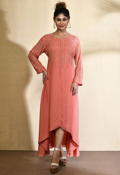 Embroidered Art Silk Maxi Dress in Peach TFR409