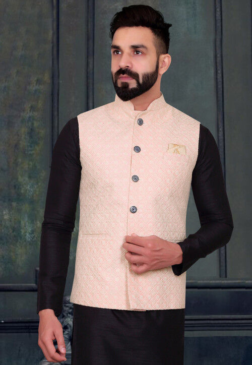 New Designer Men Pink Brocade Nehru Jacket With Golden Work By Treemoda -  Treemoda - 3987140